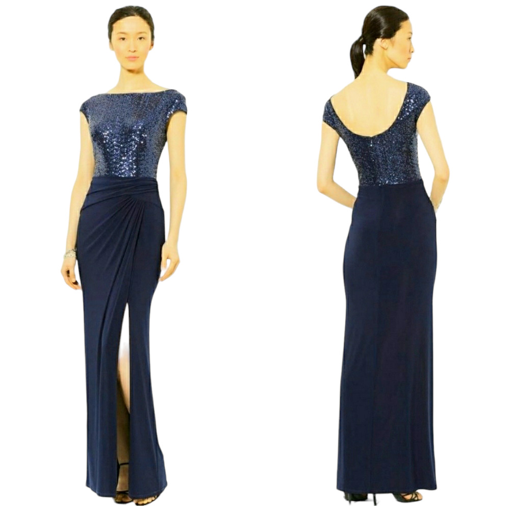 Lauren Ralph Lauren Maxi Dress Women 4 Navy Blue Sequin Top Jersey Skirt Formal